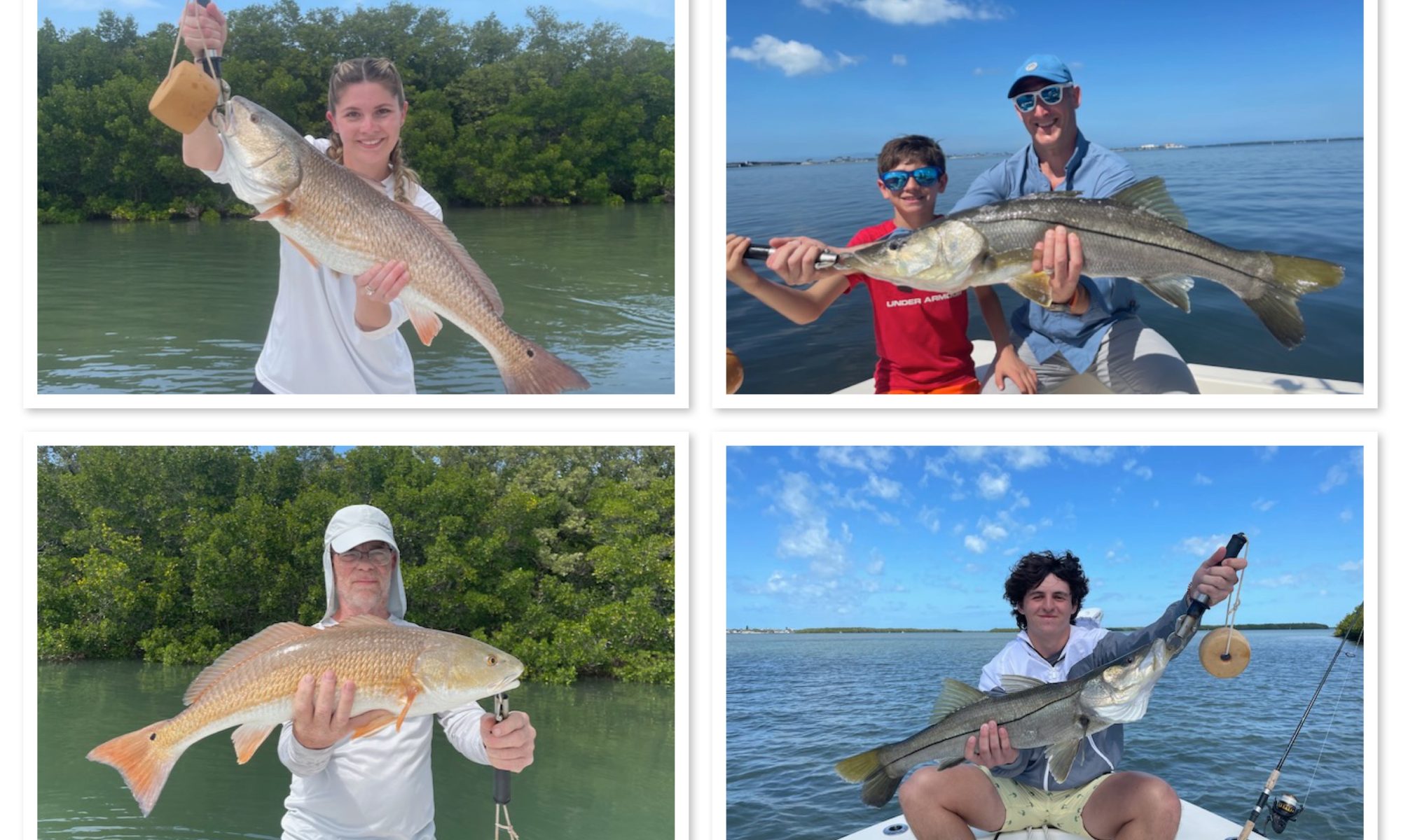 Photo of fishing charter clients holding their catch of Snook and Redfish.